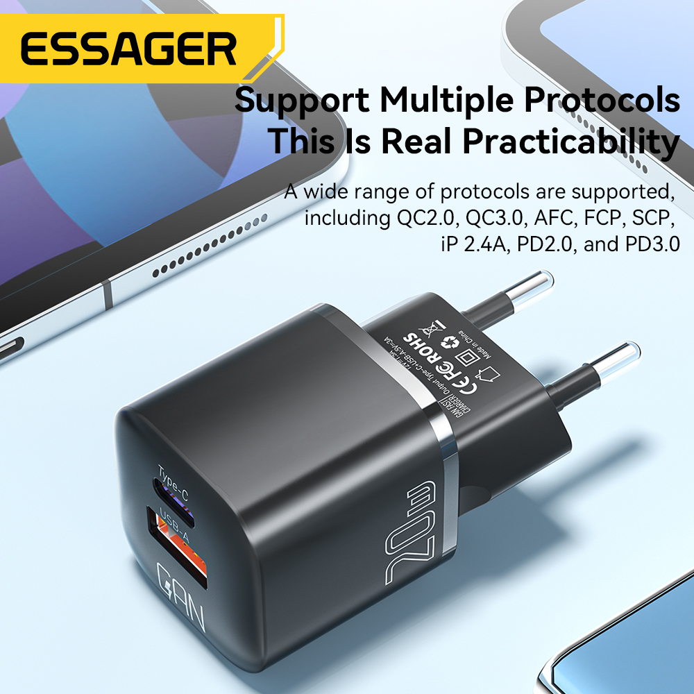 Essager 20W GaN PD USB C Caricatore per iPhone 15 13 12 11 Pro Max Telefono QC 3.0 PD 3.0 USB Tipo C Ricarica rapida per Xiaomi pocoiPad
