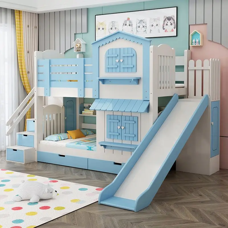 Litera para niños totalmente de madera maciza, cama tobogán multifuncional para castillo para niños