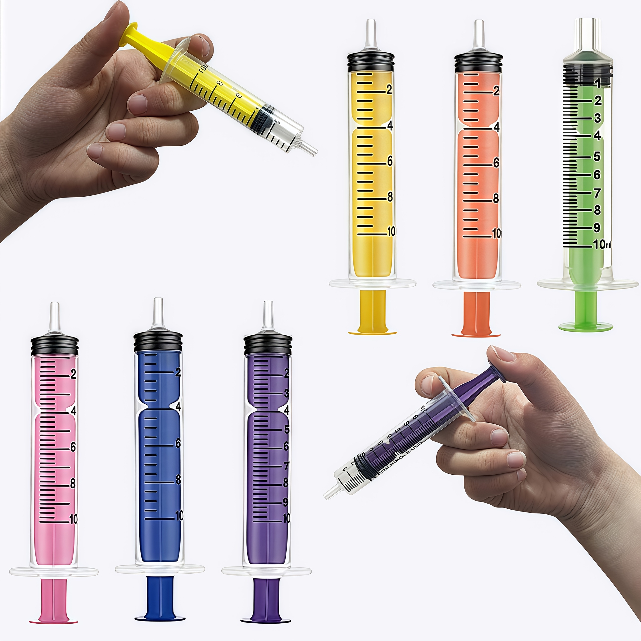 6 peças de seringa colorida de 10ml com tampas, adequada para cola, distribuição e medição de líquidos, alimentação de alimentos para animais de estimação, recarga