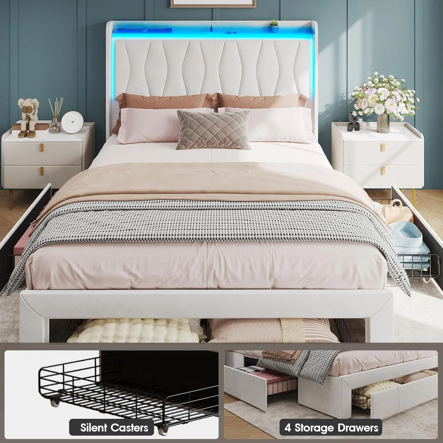 Queen Size Bed Frame with LED Light and 3 Drawers Storage, Upholstered Velvet Platform Bed Frame with Charging Station