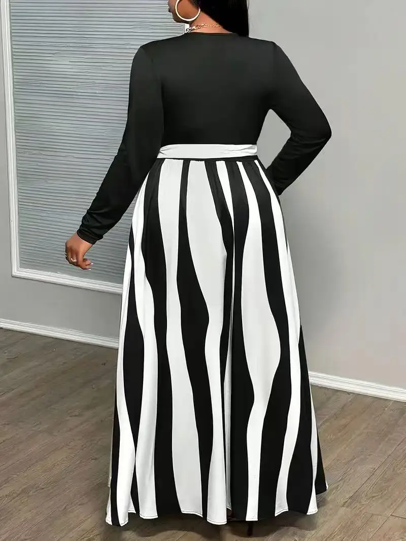 Elegantes, langärmliges, gestreiftes Farbblock-Kleid für Damen in Übergröße mit V-Ausschnitt