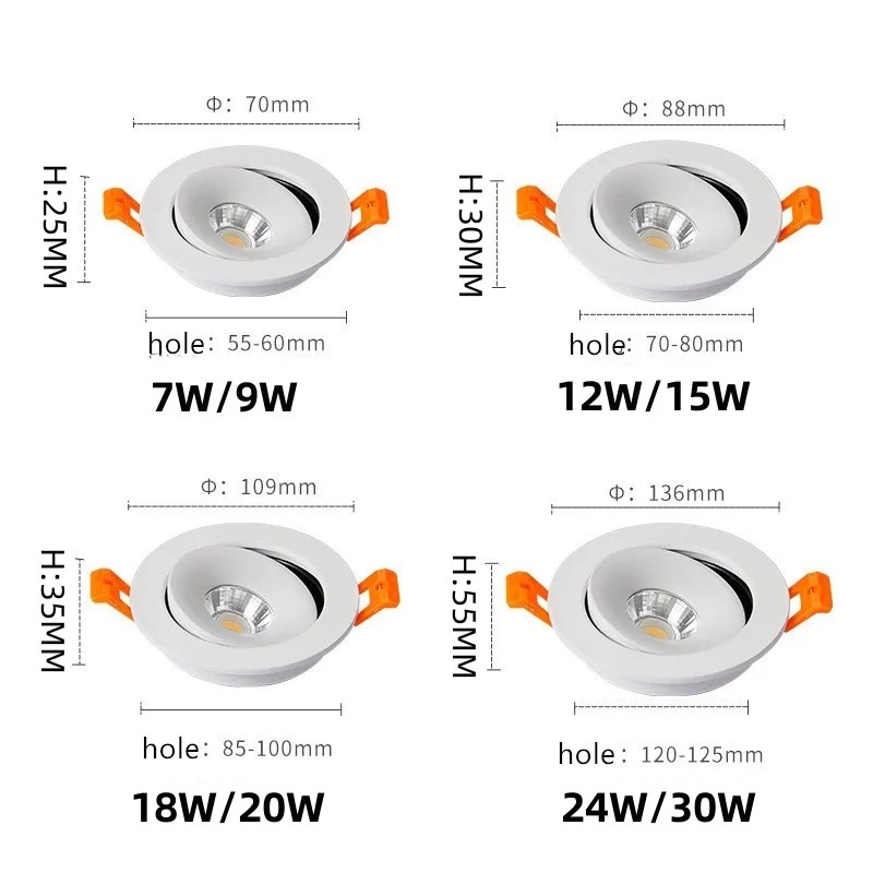 Foco empotrable moderno LED 9W 12W 18W regulable blanco y negro COB 360 °   Iluminación interior ajustable Decoración del hogar