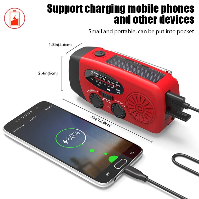 Solarna lampa kempingowa z dynamem ręcznym, radiem AM/FM, ładowaniem USB 2000mAh, wielofunkcyjna latarka LED z dynamem ręcznym.