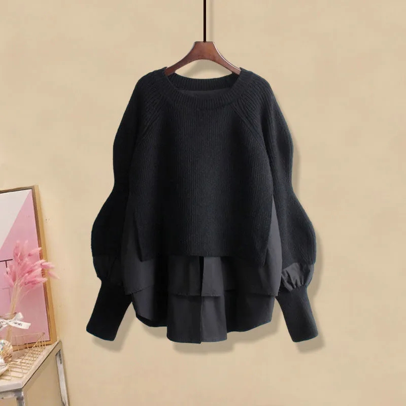 Traje grande de primavera y otoño para mujer, nueva moda coreana, camisa falsa de dos piezas, Top, pantalones vaqueros informales ajustados, conjunto de dos piezas 2024