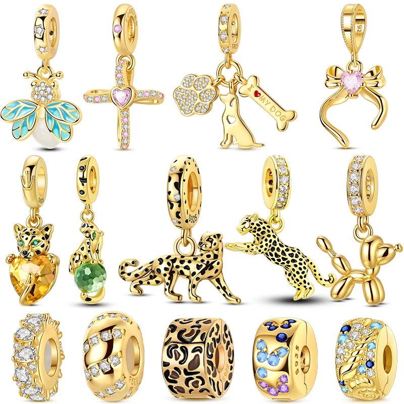 Original 925 prata esterlina série de ouro diy encantos contas incrustadas zircônio sol leopardo pingentes caber pulseira diy jóias fazendo