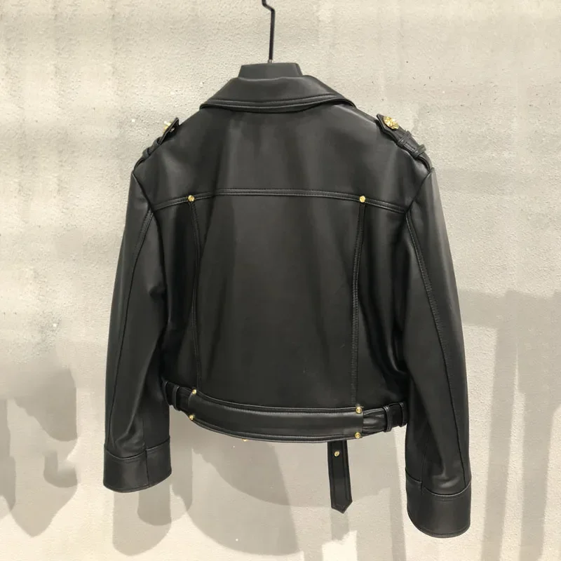 Casaco feminino primavera e outono comprimento curto moda jaqueta de couro genuíno duplo breasted turn-down colarinho tamanho M-XXL