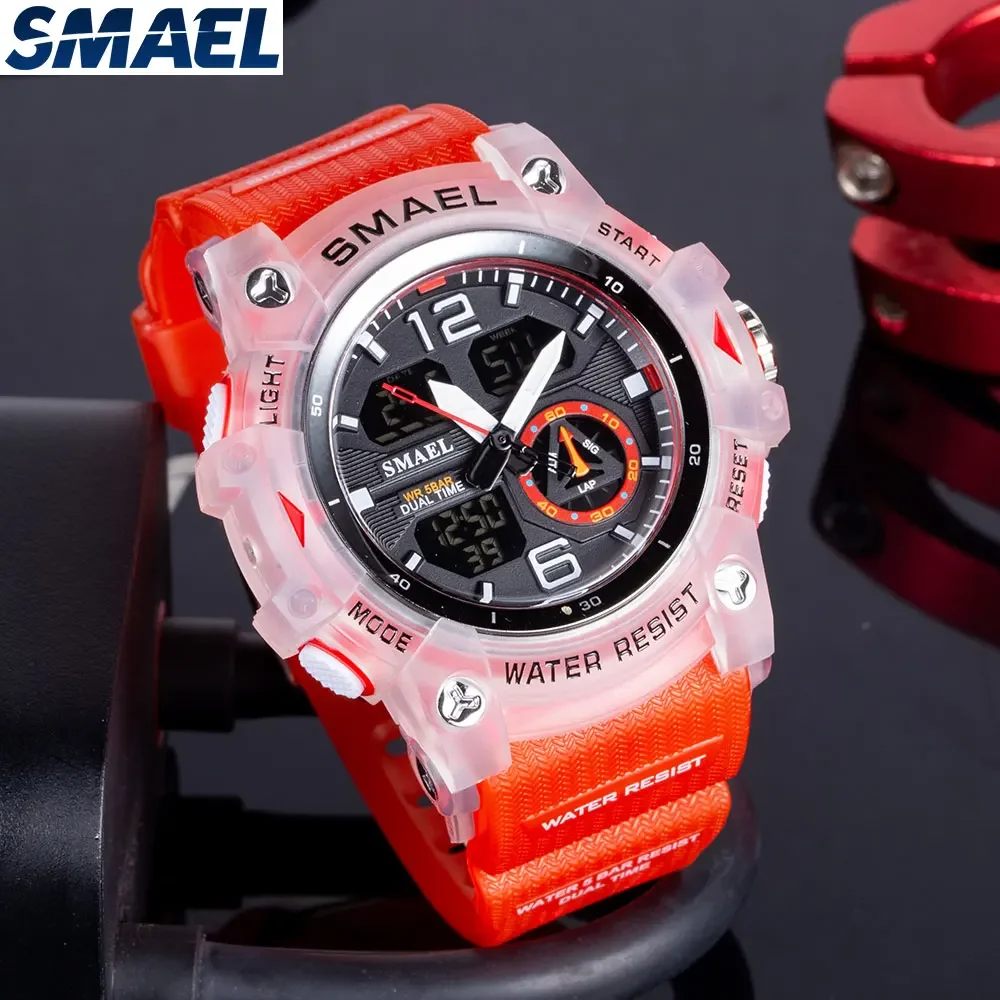 SMAEL 8007 Reloj electrónico brillante resistente al agua con pantalla dual para exteriores para hombre Reloj transparente para exteriores