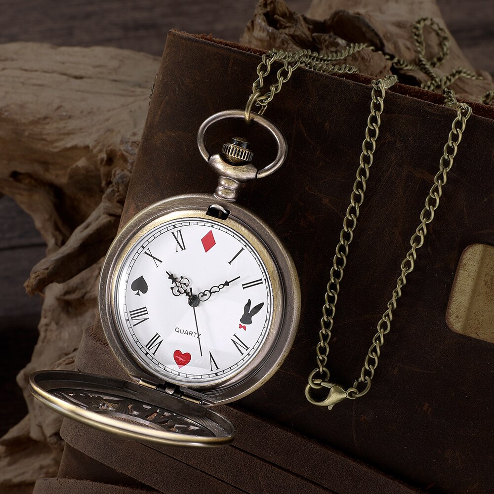 Neue Bronze Quarz Taschenuhr Retro Alice Thema Tasche Fob Uhr Anhänger Halskette Taschenuhr Männer Damen Geschenk