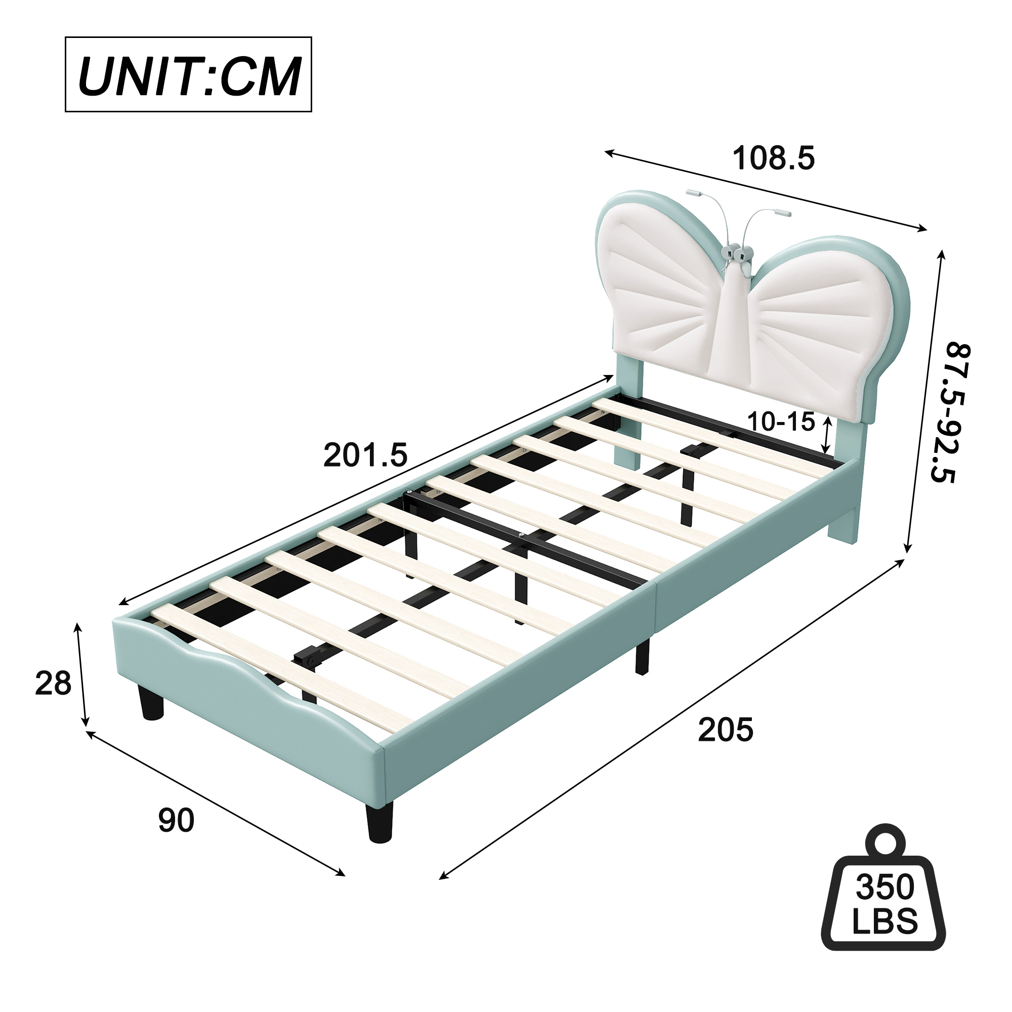 Lazyspace vlindervormige hoofdeinde kinderbedden met LED-leeslampen, 90x200cm in hoogte verstelbaar PU-lederen bedframe