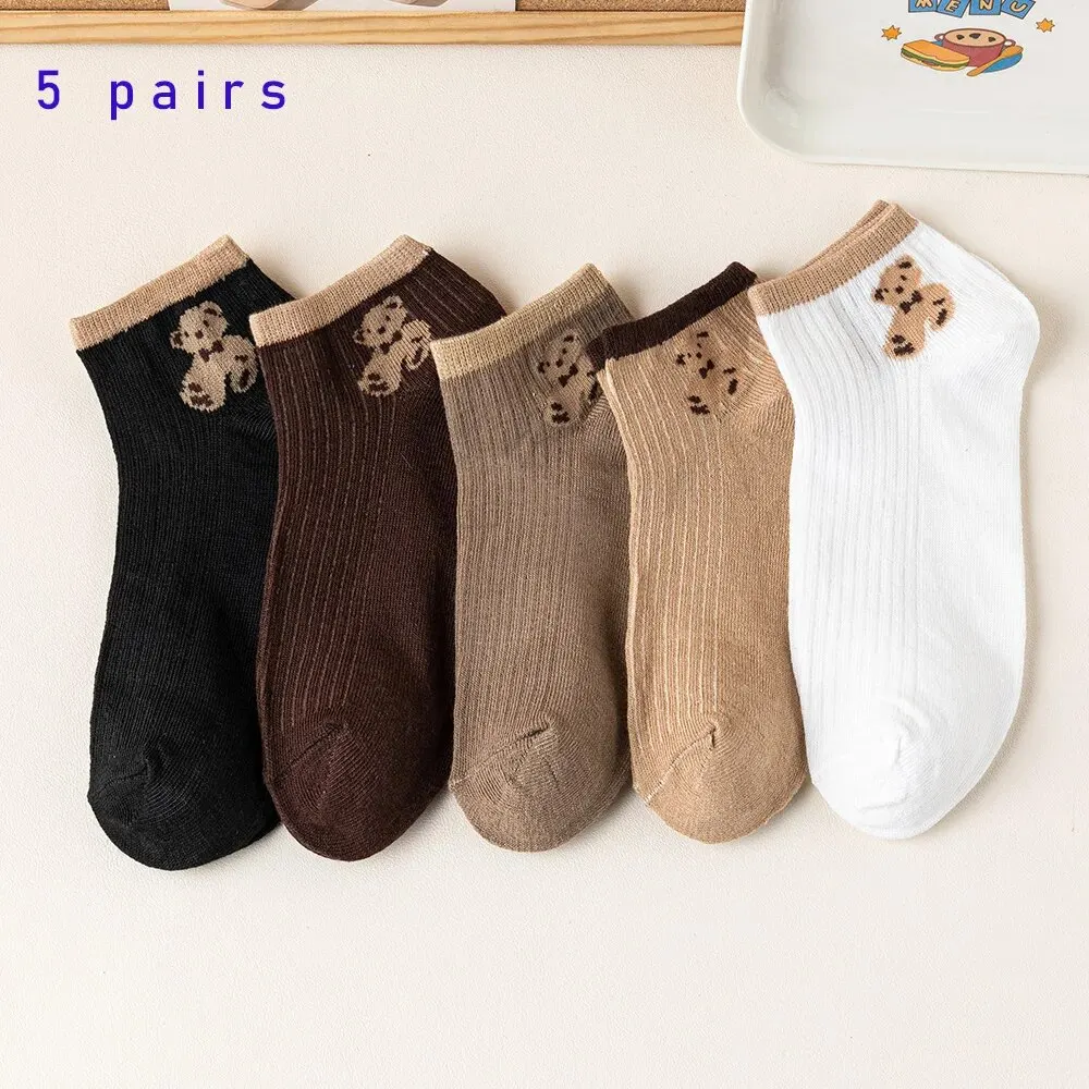 5 pares de meias curtas femininas de urso de pelúcia fofo com boca rasa primavera e verão casual combinando meias de barco de tubo curto