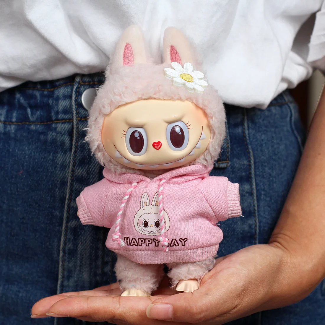 Ropa de Labubu de 17cm, sudadera con batido de corazón, ropa de muñeca Macaron Labubu