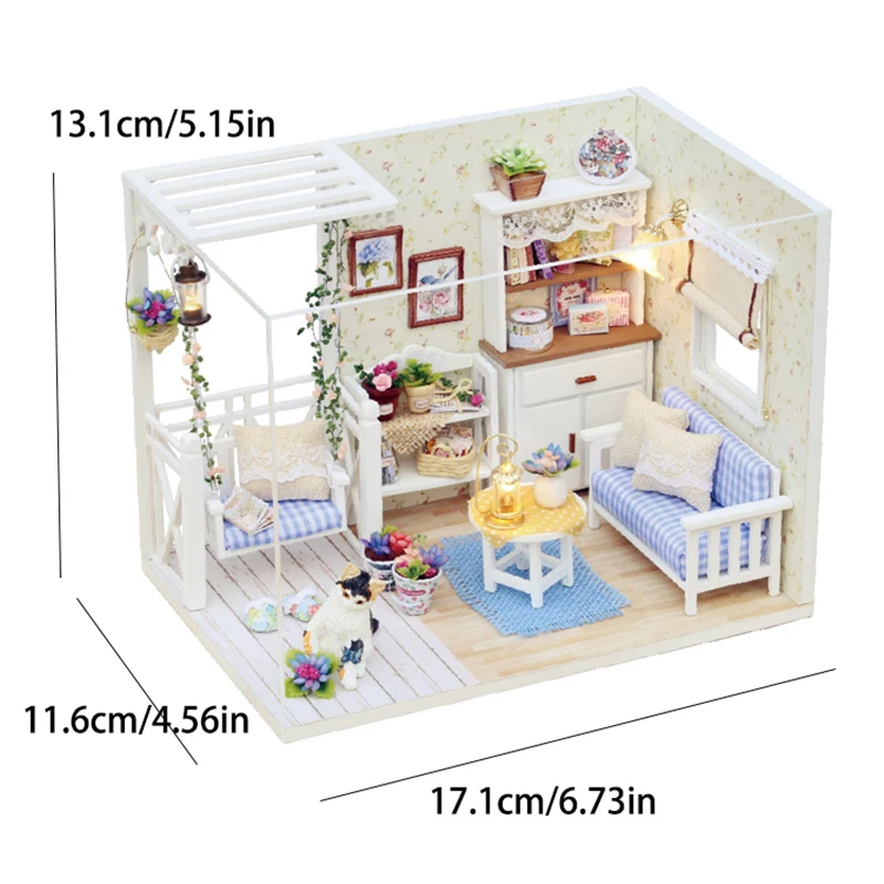 Gatinho mini casa de boneca 3d quebra-cabeça montagem modelo kit construção criativo quarto decoração com móveis artesanato madeira presentes