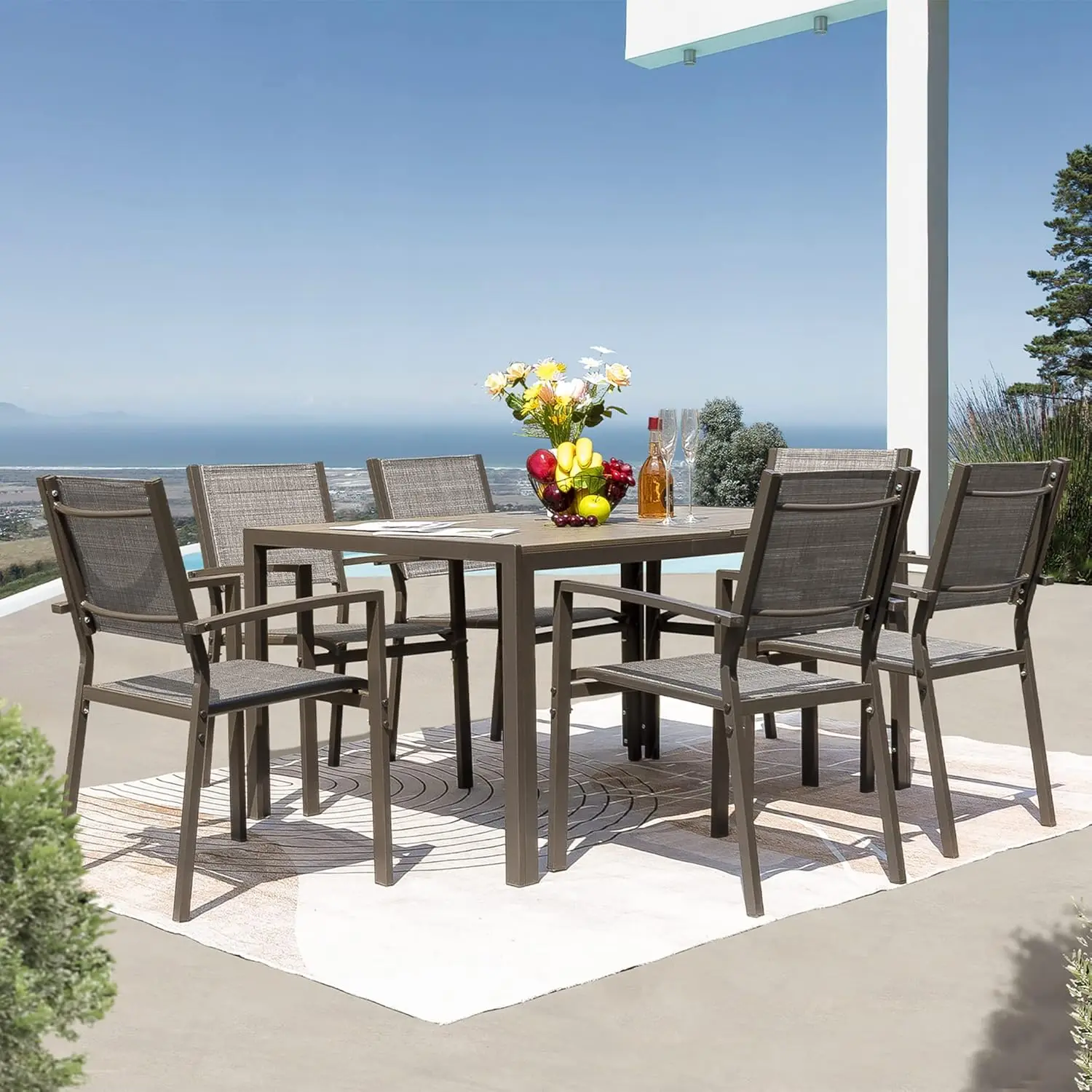 7 Piece Patio Dining Set Outdoor Furniture Set with Weather Resistant Table and 6 Stackable Textilene Chairs for Garden,