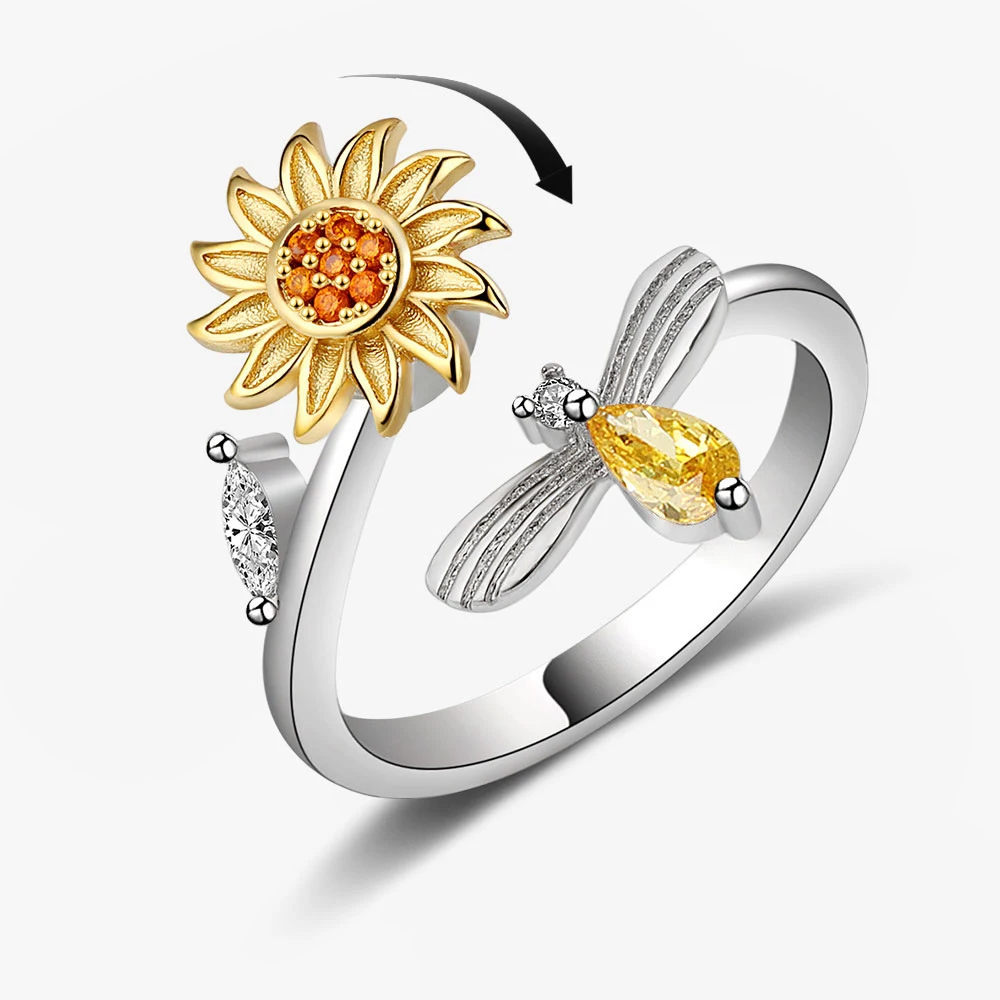 Anti estresse ansiedade anéis para mulheres cetim aço girador girassol sol estrela anel na moda jóias presente dropshipping