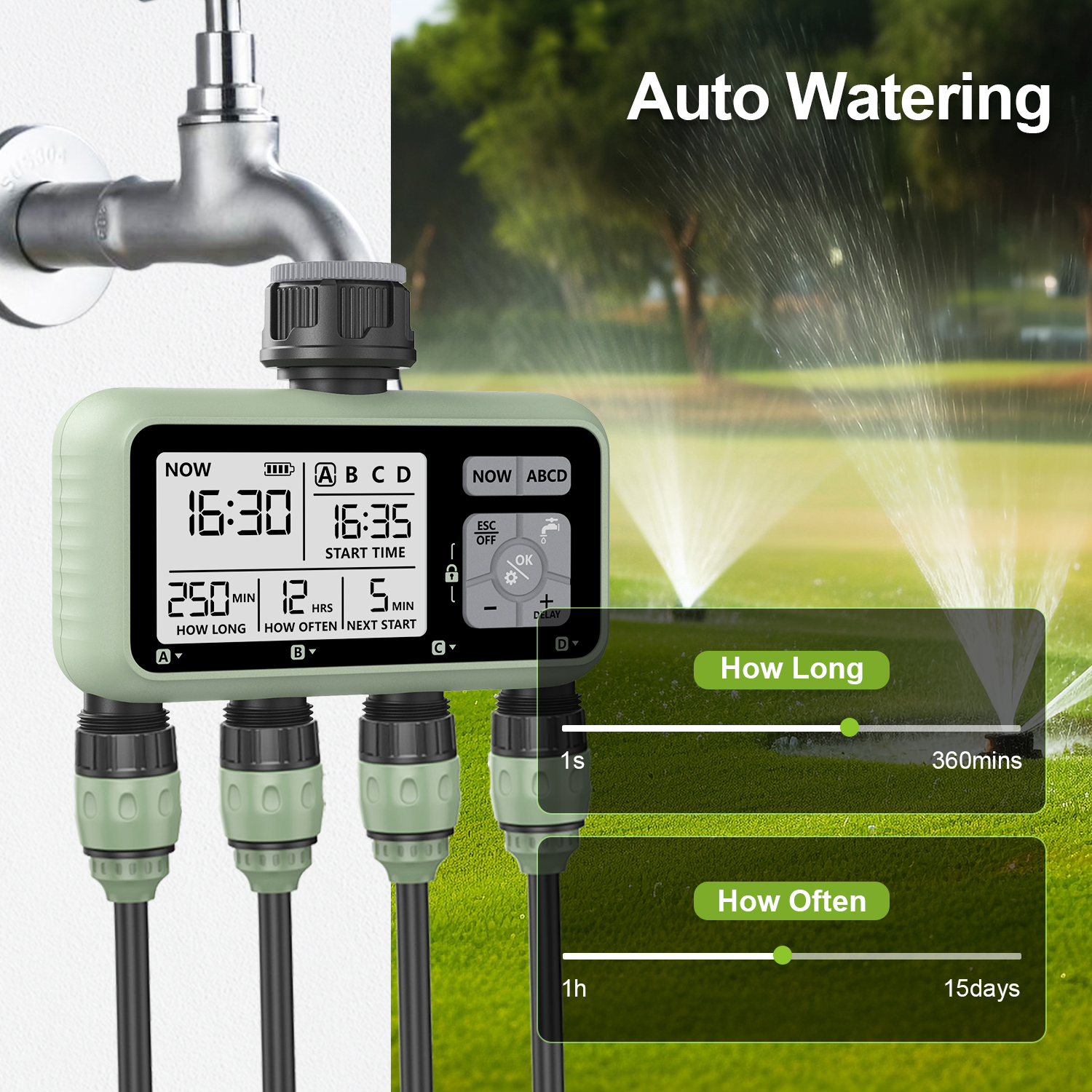 Reswat Timer per l'acqua a 4 uscite Irrigatori multifunzionali Adattamento multi calibro Installazione conveniente Attrezzi da giardino per giovani