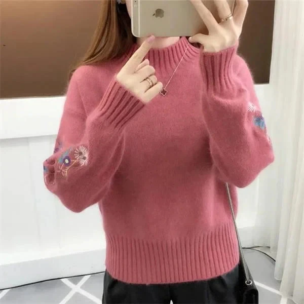 Áo Len Dệt Kim Họa Tiết Thêu Hoa Áo Len Dày Pullovers2023 Thu Đông Mới Dài Tay Turleneck Áo Len