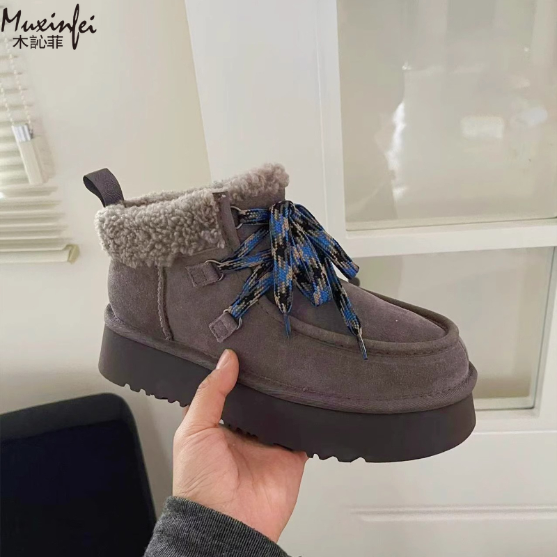 2025 Winter New Snow Boots Thick Bottom Fukara Strap Sheepskin and Fur Integrated Snow Boots Wool Strap Short Boots