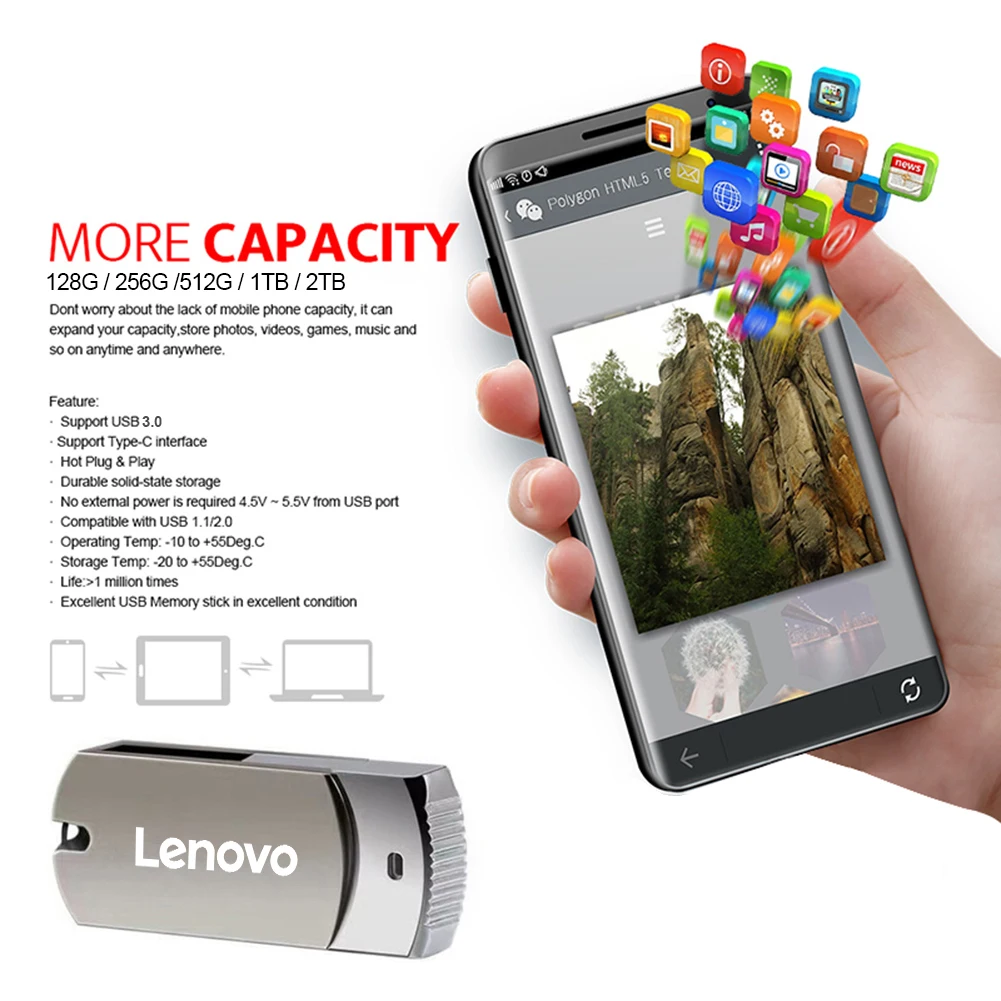 Lenovo Metal 16TB USB Flash Drive USB 3.0 High Speed File Transfer U Disk 8TB 2TB Ultra-large Capacity Waterproof USB Memory