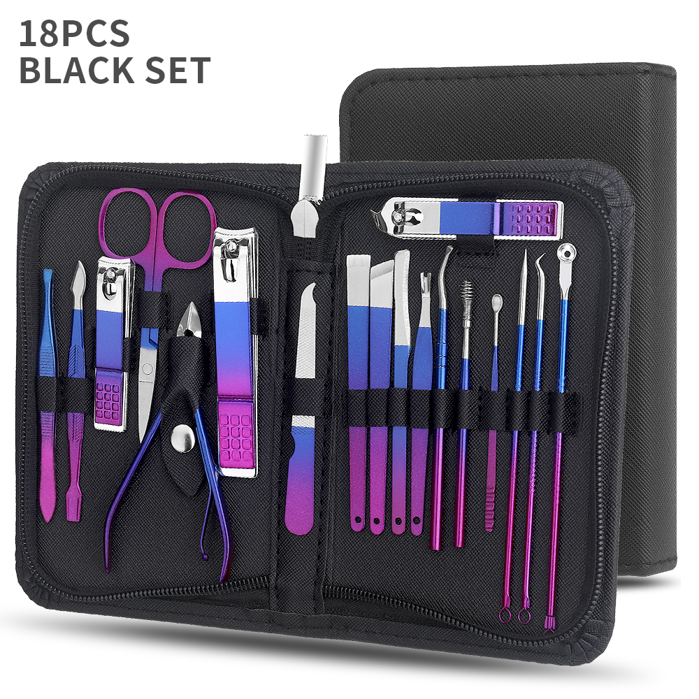 Juego de manicura, kit de pedicura profesional con gradiente de acero inoxidable, tijeras para uñas, kit de aseo con estuche de viaje