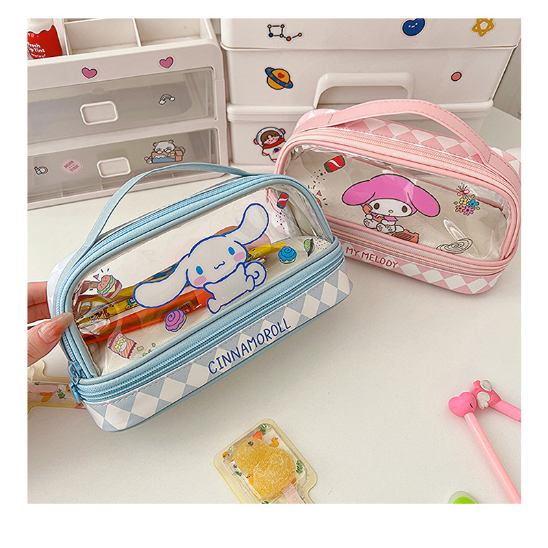 Kawaii cartoon Hellokity Kuromi large capacity transparent double-layer pencil case cartoon cute cinnamon stationery pencil case