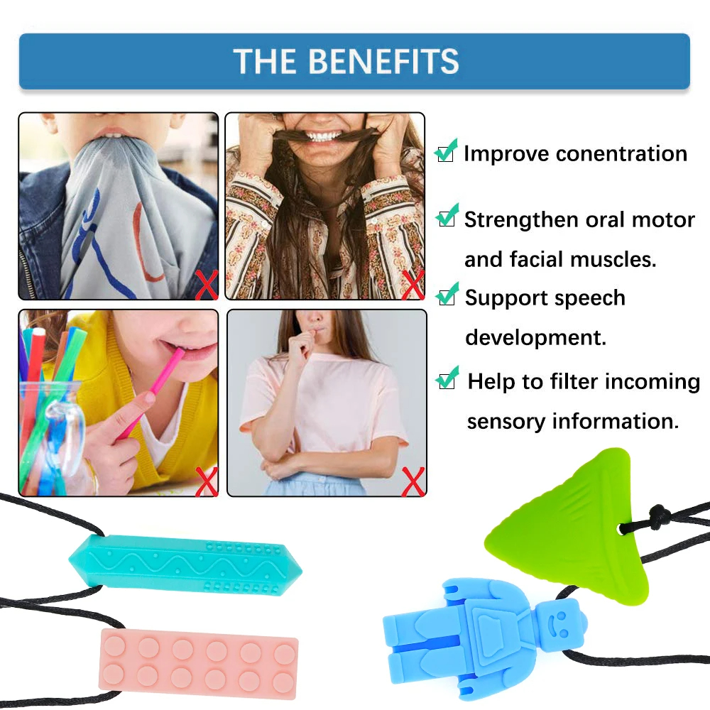 สร้อยคอเคี้ยวประสาทสัมผัส (2 แพ็ค) สําหรับเด็กที่มีการงอกของฟัน, ADHD, ออทิสติก, ความต้องการในการกัด, ยางกัดเคี้ยวมอเตอร์ในช่องปาก, เครื่องเคี้ยวซิลิโคน J