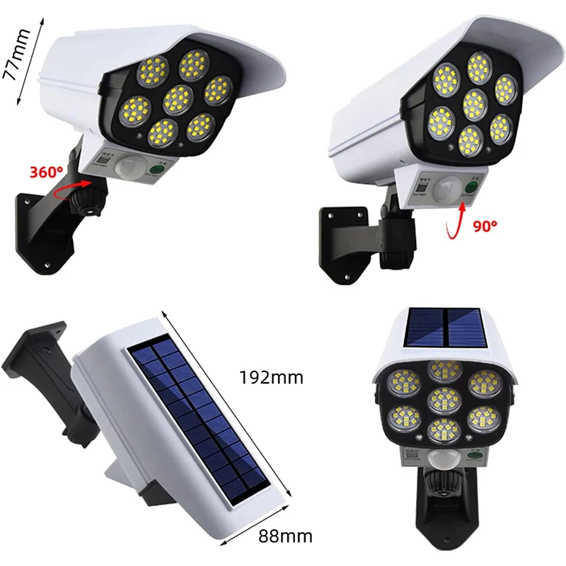ไฟพลังงานแสงอาทิตย์กลางแจ้งพร้อม Motion Sensor รีโมทคอนโทรล FloodLights Dummy Decoy กล้องรักษาความปลอดภัยปลอมสําหรับ Garden