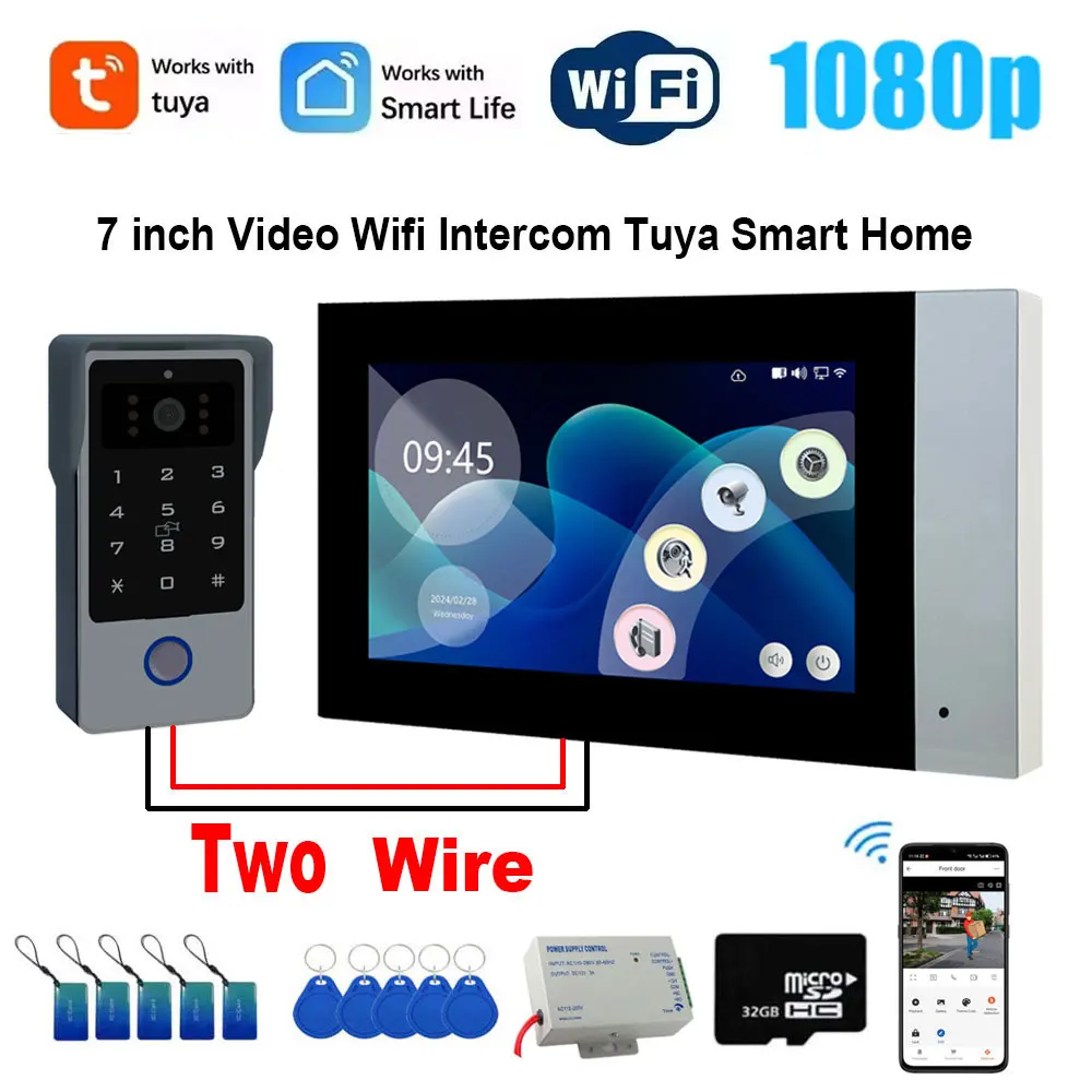 2 draht Smart Tuya Wifi 1080P Video Intercom Video Tür Telefon 7'' Farbe Touch Screen mit Passwort IC Karte entsperren Sicherheit System