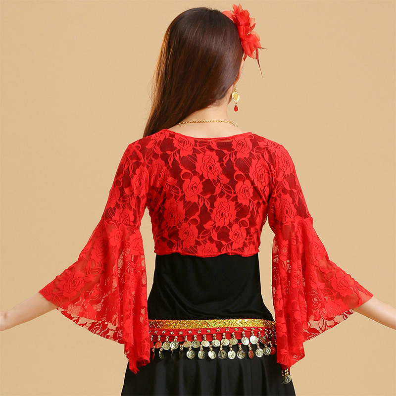Women's Belly Dance Top Shawl สั้นเสื้อสเวตเตอร์ถักลูกไม้ Flare แขนยาว Shrug Lace-up เสื้อยิมนาสติก Cover Up เสื้อสเวตเตอร์ถัก Wraps