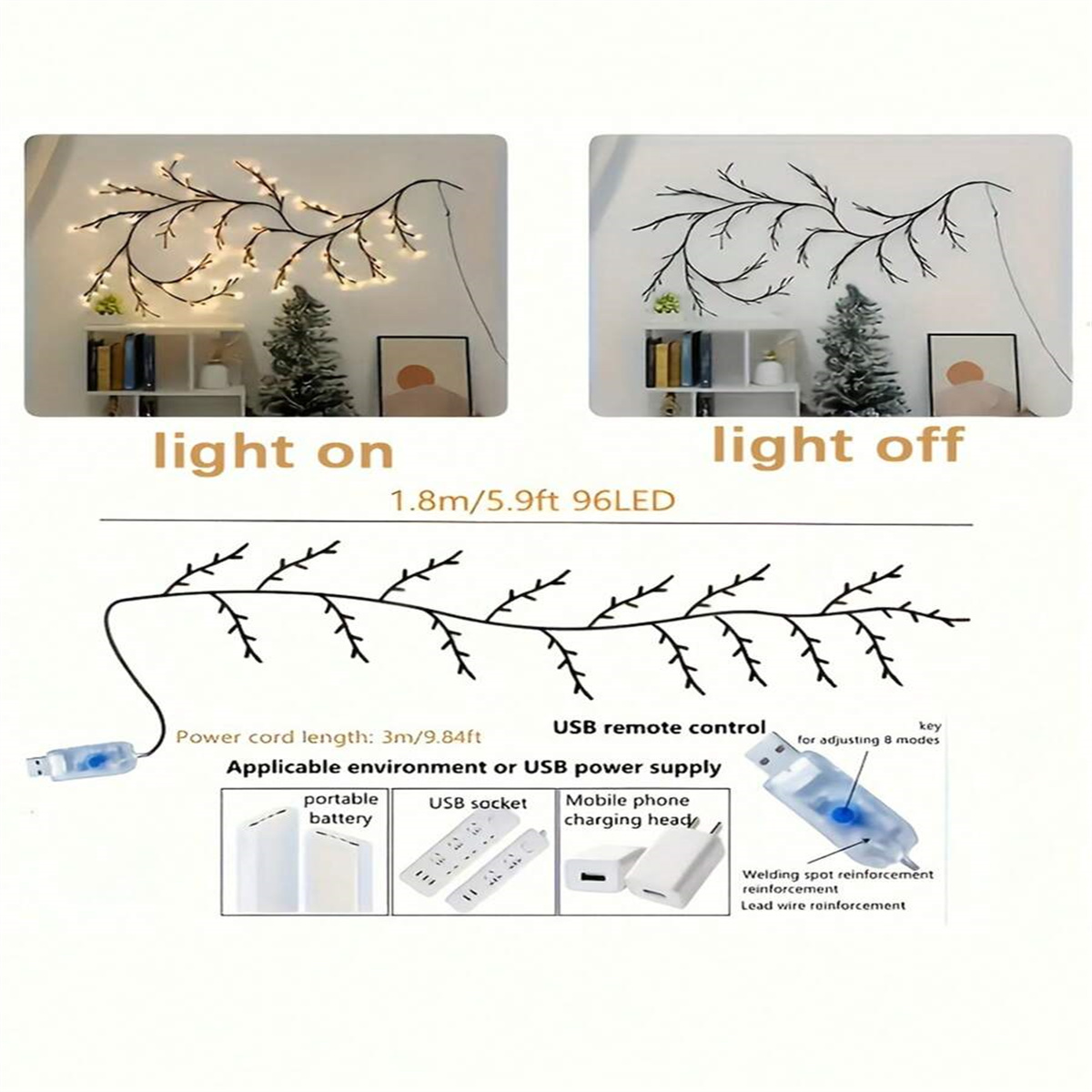 1 peça 96 led usb ramo de árvore luzes de rattan 8 modos lâmpada de corda colorida para decoração de quarto de casamento