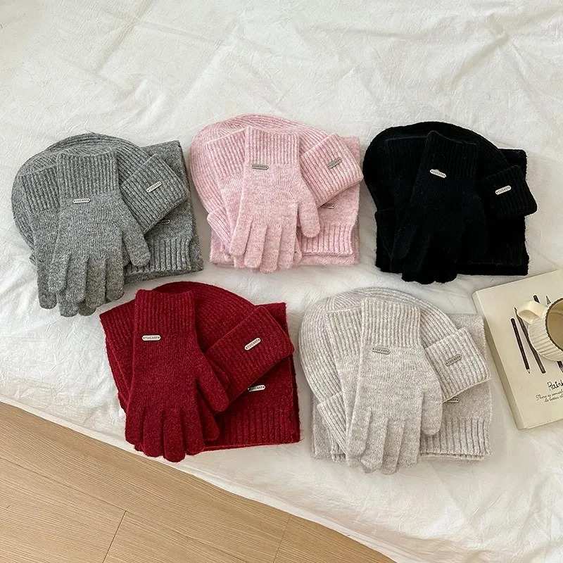 2025Knitted hat scarf gloves three piece set solid color wool autumn and winter warm versatile hat windproof casual scarf