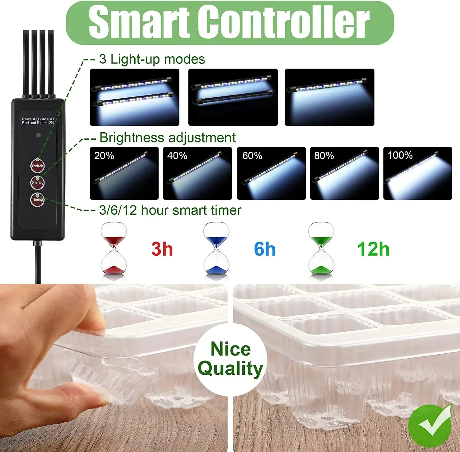 2-packs, zaadstartbakken met hoge koepelkimpset - 80 cellen, 4 LED-kweeklampen, slimme timer en 3 modi voor thuistuin