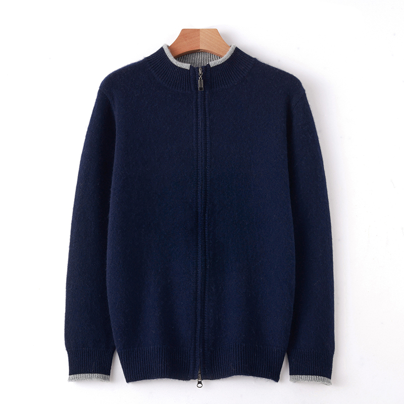 2023 Autumn/Winter New 100% Pure Cashmere Sweater Men's Half High Neck Knitted Zippered Cardigan Solid Color Wool Top Coat