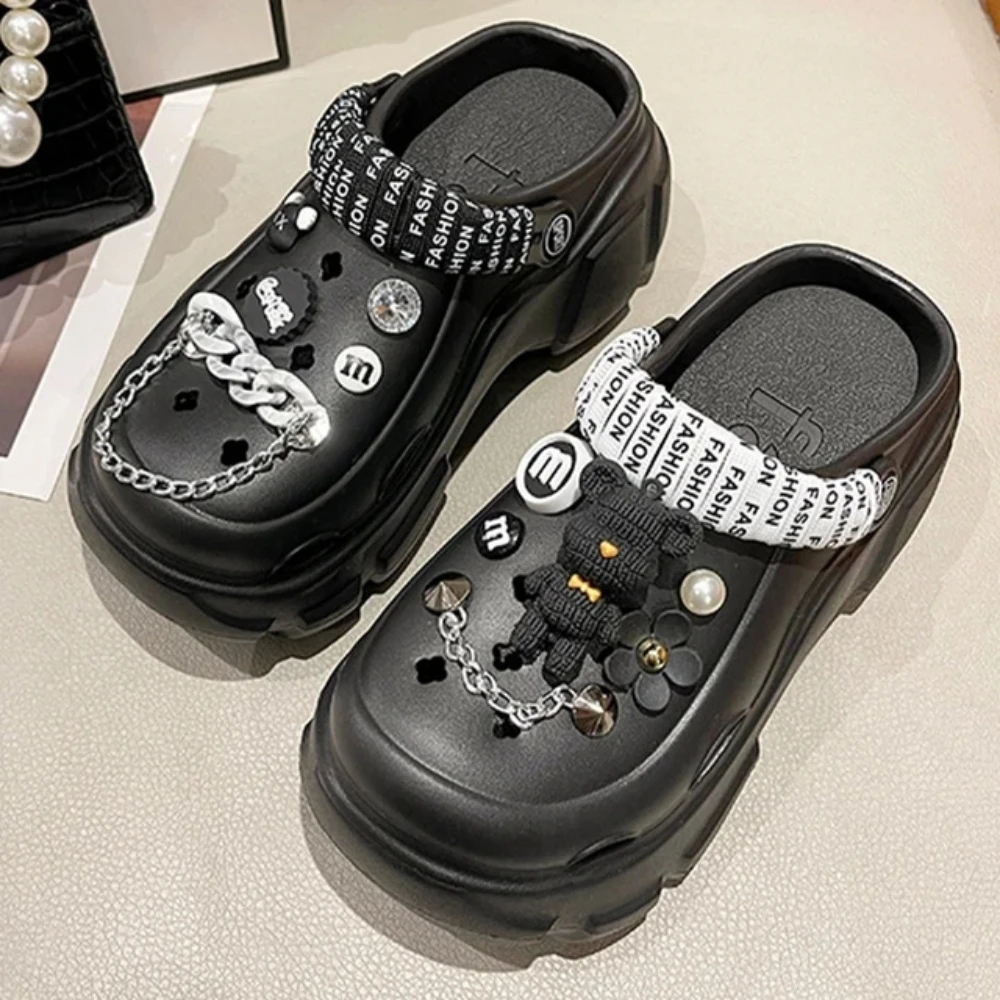 Bling ไข่มุกเพชรน่ารักหมีตกแต่ง Vented Clogs สไลด์ 7 ซม.แพลตฟอร์มรองเท้าแตะชายหาดกลางแจ้งสาวฤดูร้อนรองเท้าแตะผู้หญิงรองเท้า