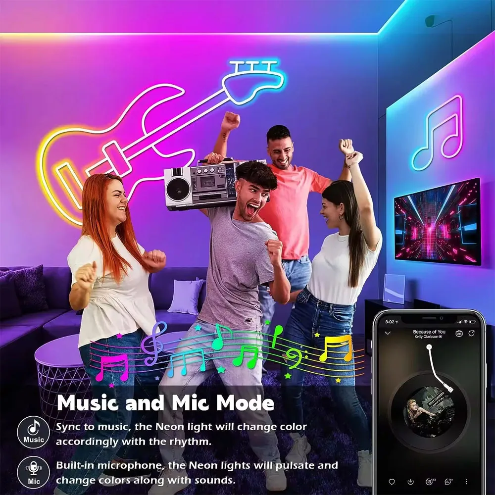 RGBIC Musical Neon LED Strip Lights with Remote, APP Control DIY Screen Pattern, USB 5V IP65 Waterproof for Xmas Halloween Party