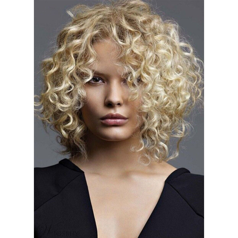 Блондинка средней длины, пушистые афро вьющиеся синтетические волосы, женские натуральные парики