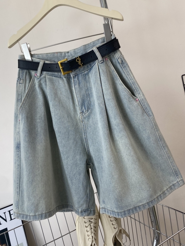 orts de Jeans de Cintura Alta com Pregas e Pernas Largas, Estilo Novo de Verão, Confortáveis e Casuais