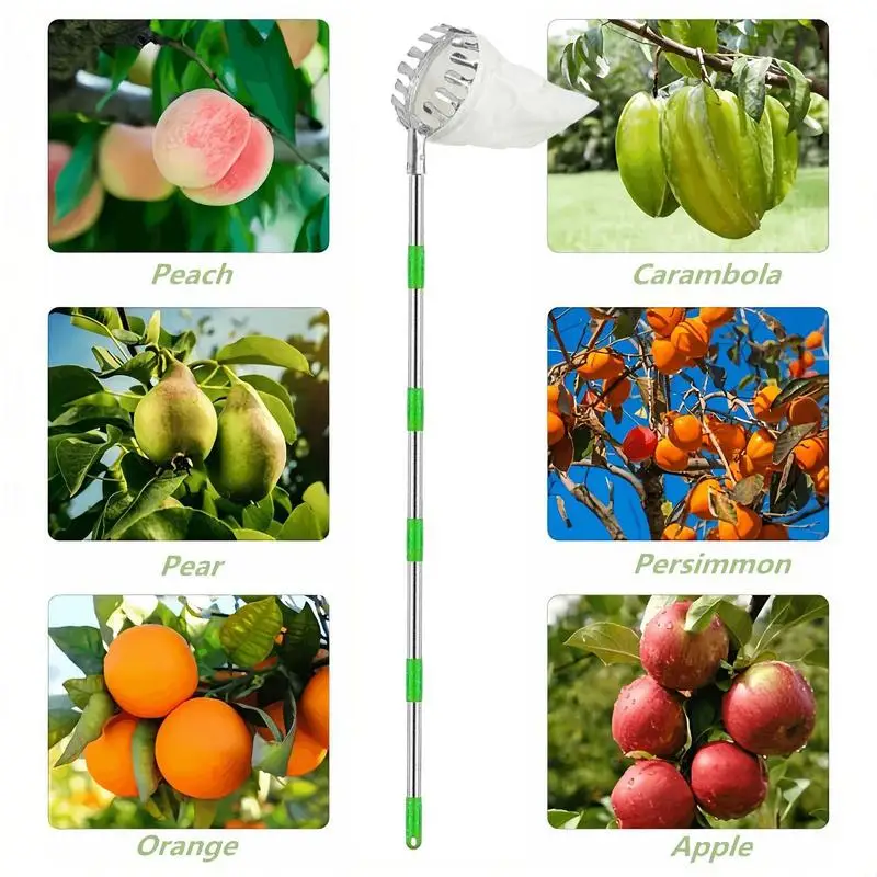 Garden Basket Fruit Picker Head with Telescopic Extendable Pole Fruit Picking Harvester Non-Slip Grip Handle High Altitude
