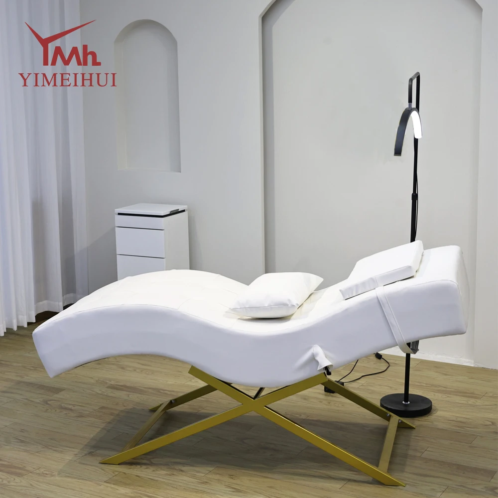 Letto per ciglia per massaggio spa con letto facciale in velluto curvo bianco dal design moderno e di lusso per salone di bellezza