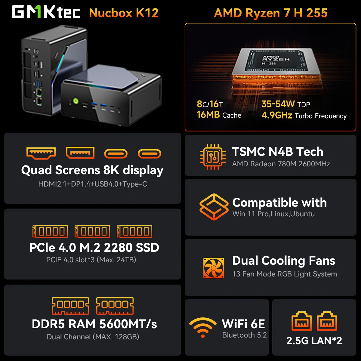 GMKtec NucBox K12 Mini PC da gioco AMD Ryzen7 H 255 (aggiornato 8745HS) DDR5 Oculink Barebone NO RAM NO ROM Computer desktop WIFI6E