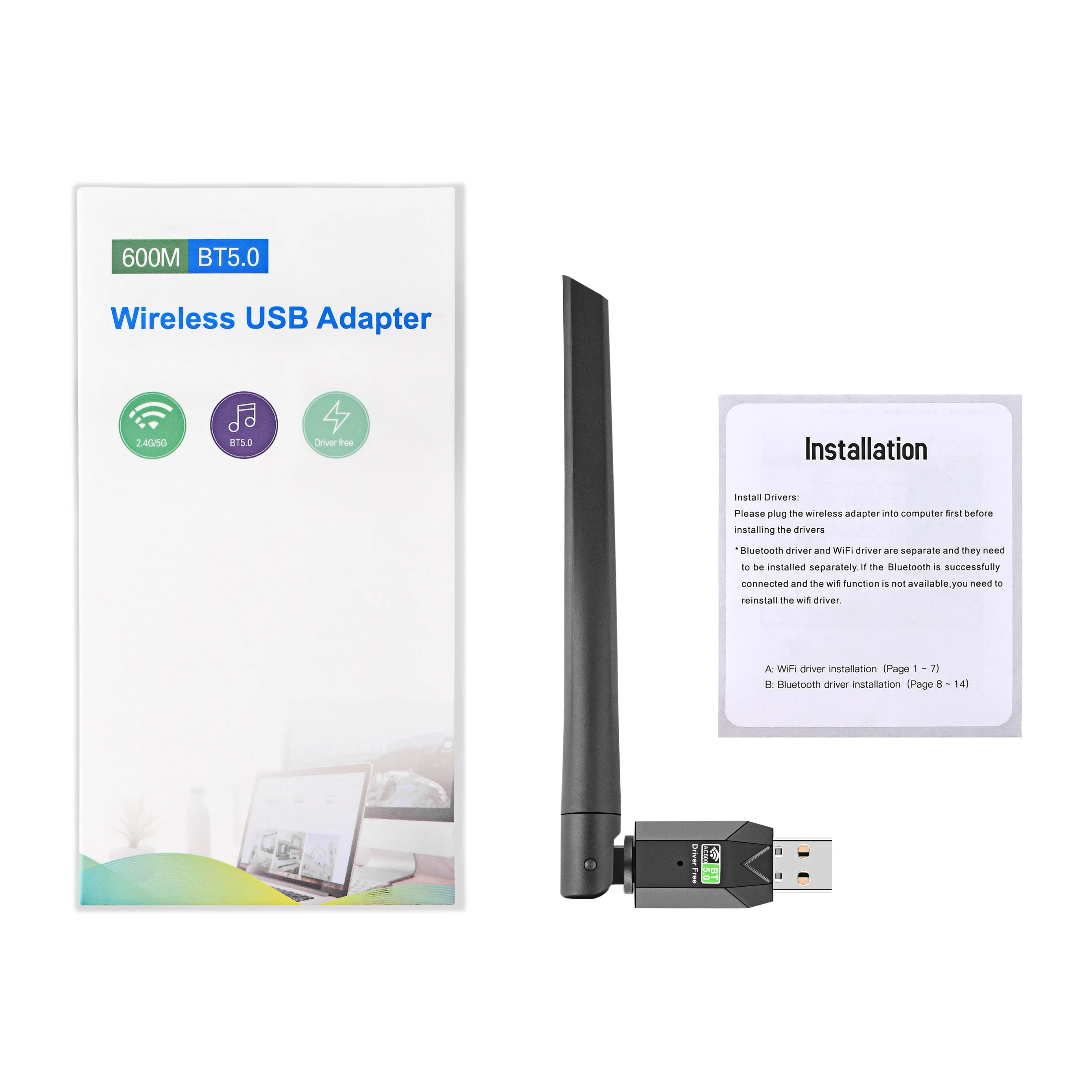 OPTFOCUS 600mbps USB Bluetooth 5.0 อะแดปเตอร์ AC Wifi 2 ใน 1 สําหรับ PC BT wifi5 2.4G 5G 5dbi Dongle Usb Wireless WiFi Receiver Para PC