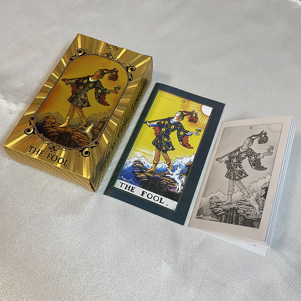 Spanische und englische Tarotkarten aus goldener Folie, 12 x 7 cm, Wahrsagerei-Prophezeiungsdeck für Anfänger mit zweistufigem Leitfaden-Taro