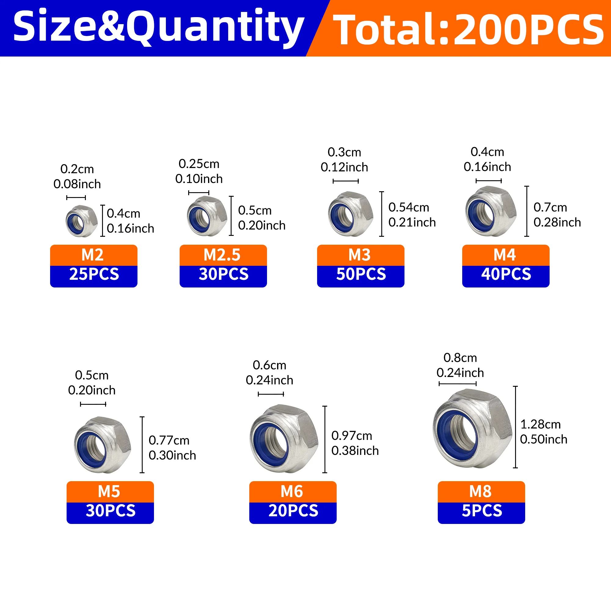 200 Uds DIN985 inserto hexagonal de nailon tuerca autoblocante Nylock juego surtido de tuercas M2 M2.5 M3 M4 M5 M6 M8 304 A2-70 acero inoxidable