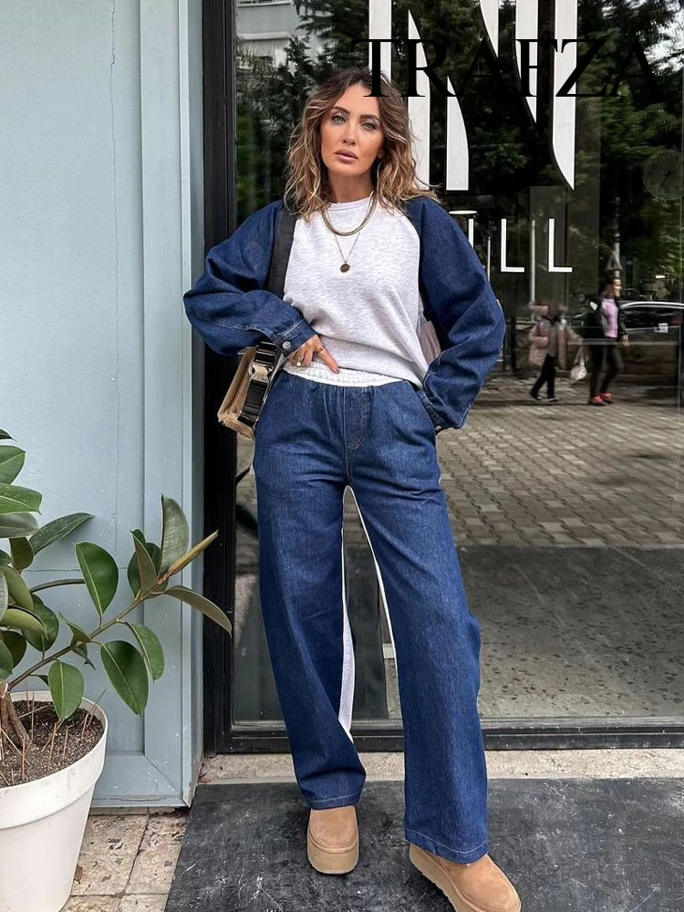 TRAFZA-Conjuntos de otoño para mujer, jerseys con botones de manga larga y cuello redondo, color gris y azul marino, bolsillos con cintura elástica, pantalones de pierna ancha con cremallera