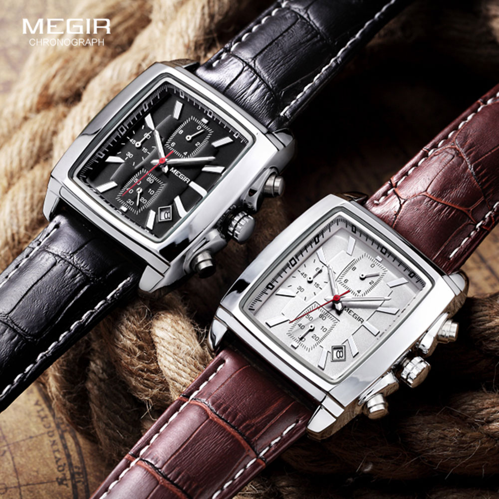 Megir สี่เหลี่ยมผืนผ้า Dial สายหนังนาฬิกาสําหรับชาย Casual Blue Chronograph นาฬิกาควอตซ์ชายนาฬิกาข้อมือ Montre Reloj Часы М �