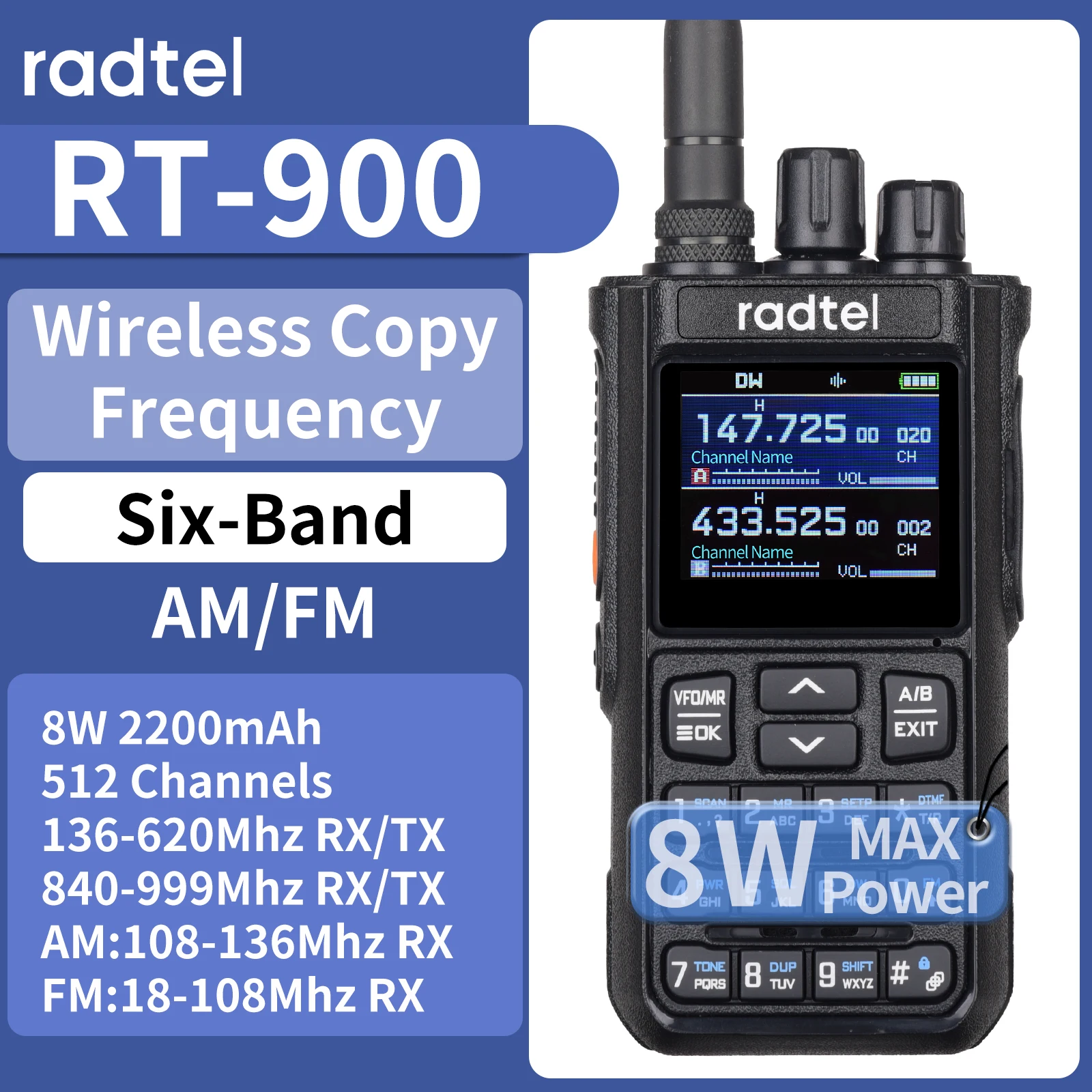 Radtel RT-900 8W 512 canales Radioaficionado de banda completa (sin Bluetooth) Walkie Talkie Air Band Estación de radio bidireccional aviación NOAA