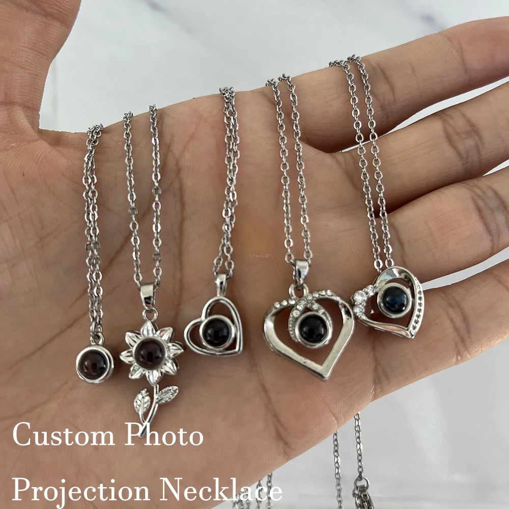 Custom Photo Projection สร้อยคอสแตนเลสสตีลหัวใจดอกไม้เริ่มต้นจี้ DIY ภาพภายในคู่สร้อยคอครอบครัว
