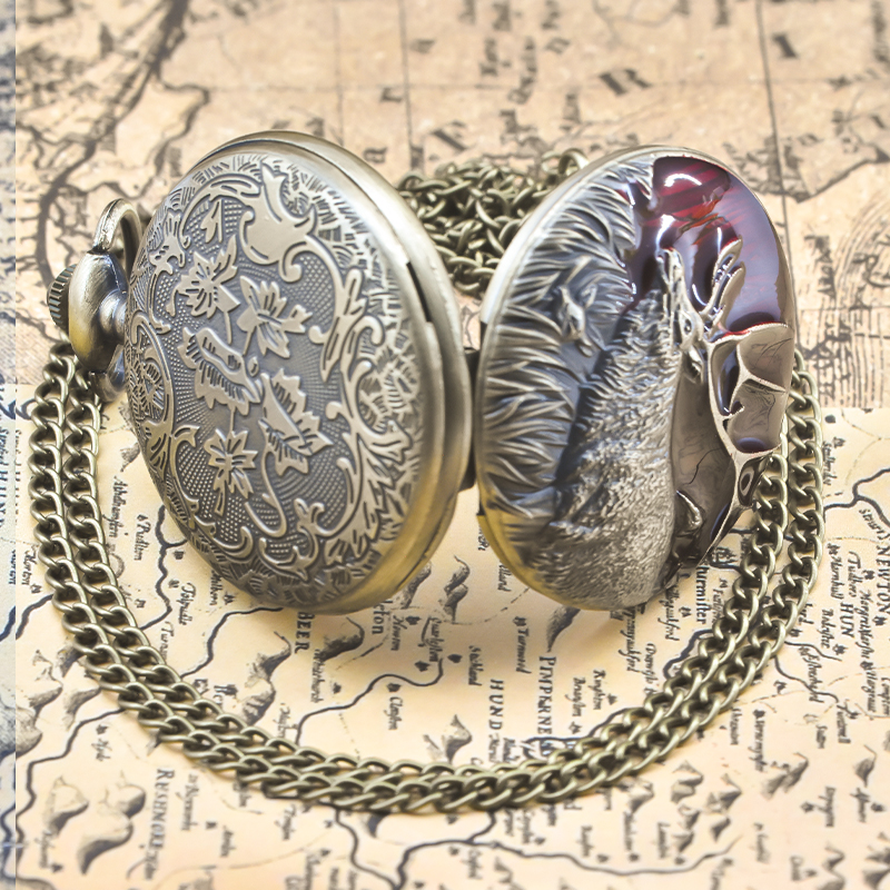 Steampunk Vintage Bronze Elk Carved Quartz Pocket Watch Necklace Pendant Clock Chain Men Women Chain Gift
