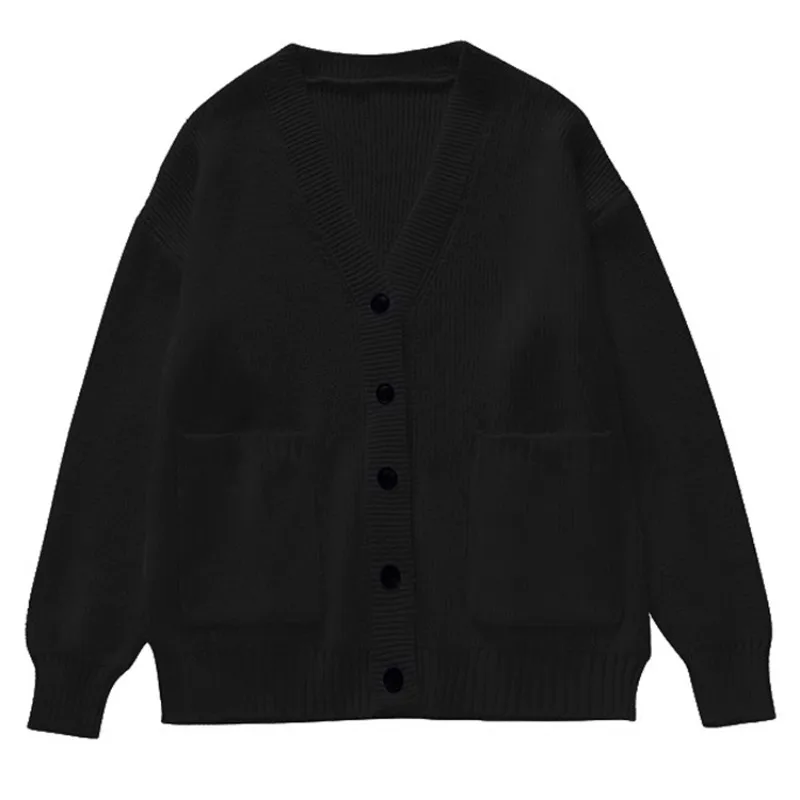 หลวมเสื้อสเวตเตอร์ถักผู้หญิงแขนยาว V คอถักสีดํา Slouchy All-Match หญิงฤดูใบไม้ร่วงฤดูหนาวเสื้อเกาหลีสไตล์ Chic Baggy เสื้อ