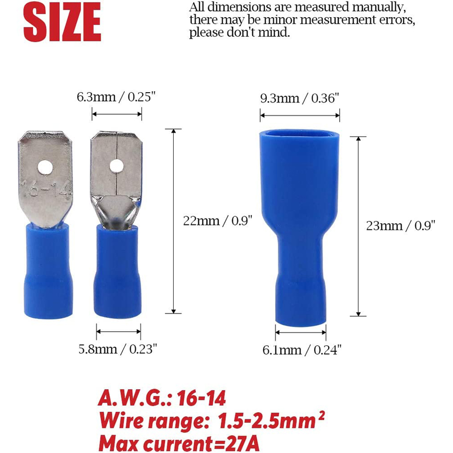 100 Uds 50 pares 6,3mm 16 14AWG hembra macho conector de cableado eléctrico Terminal de engarzado aislado pala azul
