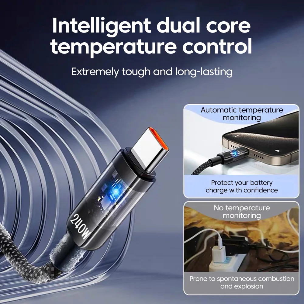 NNBILI 240W USB A to Type C Fast Charging Cable Transparent type C to Type C High-speed Charger for Samsung Huawei Mi Data Line